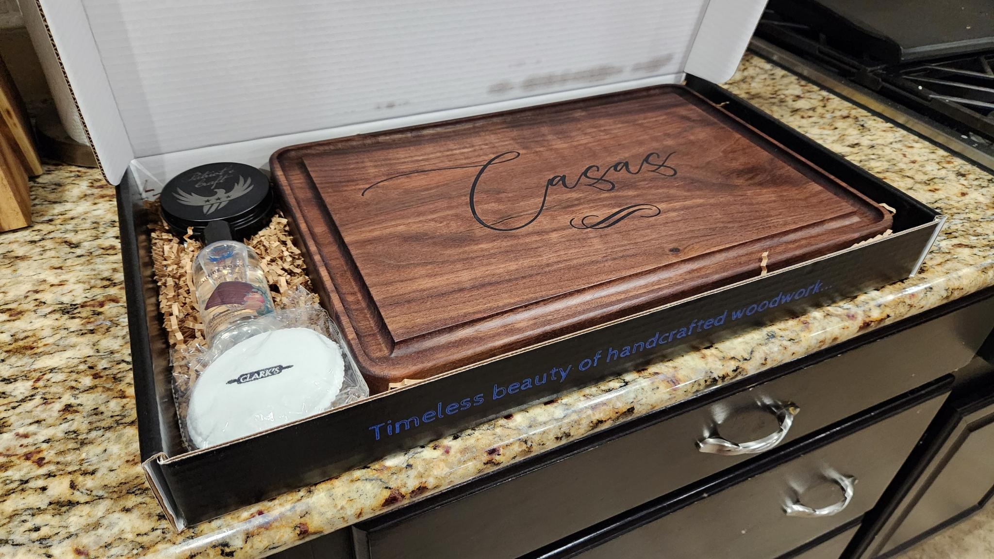 Large Cutting Board Closing Gift Package (Oil, Wax and Wax applicator pad shown. Scrubber and oil applicator also available).