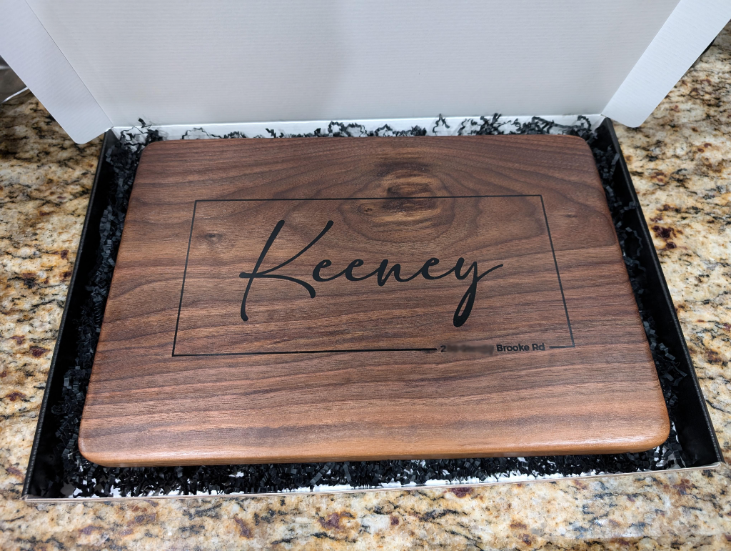 Medium Cutting Board Closing Gift. Monogram on back of cutting board surface.